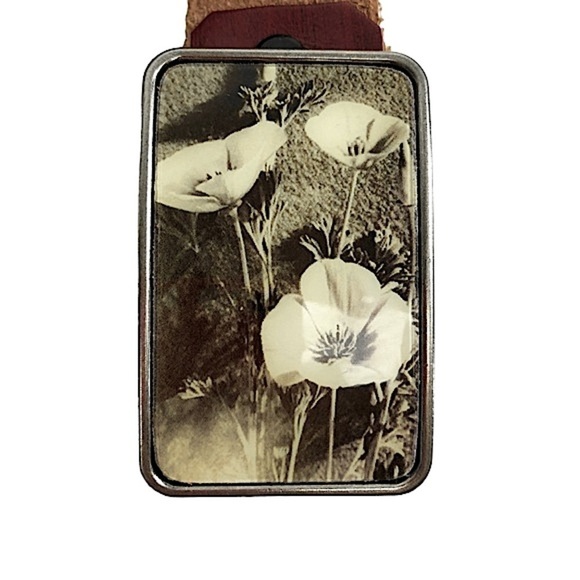 FluffyCo Hand Tooled Red Brown Leather Belt With Pansy Photo Belt Buckle 32-35 M main image 4